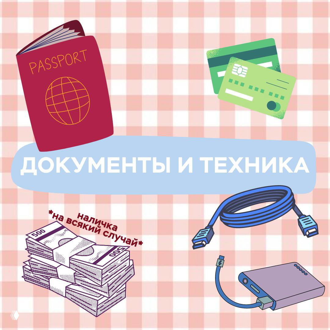 Иллюстрация «Документы и техника»: открытый паспорт, банковские карты, стопка наличных, кабели и портативный аккумулятор на розово‑клетчатом фоне.