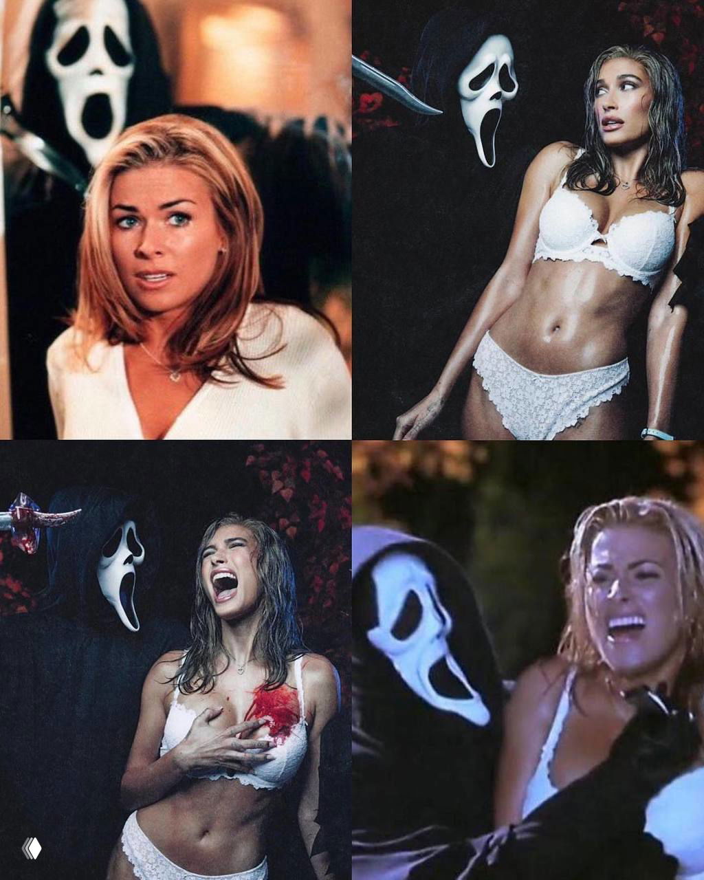 Серия фотографий в хоррор-стилистике: маска «Крик», сцены испуга и кровавые спецэффекты, женщина в драматичных моментах и напряжённых ракурсах.