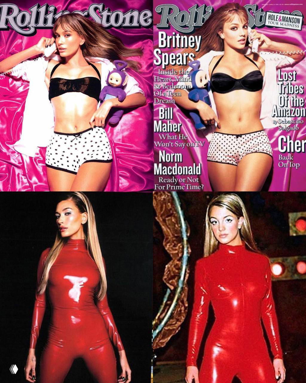 Коллаж, отсылающий к обложке журнала Rolling Stone: женщина на розовом фоне в топе и шортах с телефоном, ретро-гламур и журнальная стилистика.