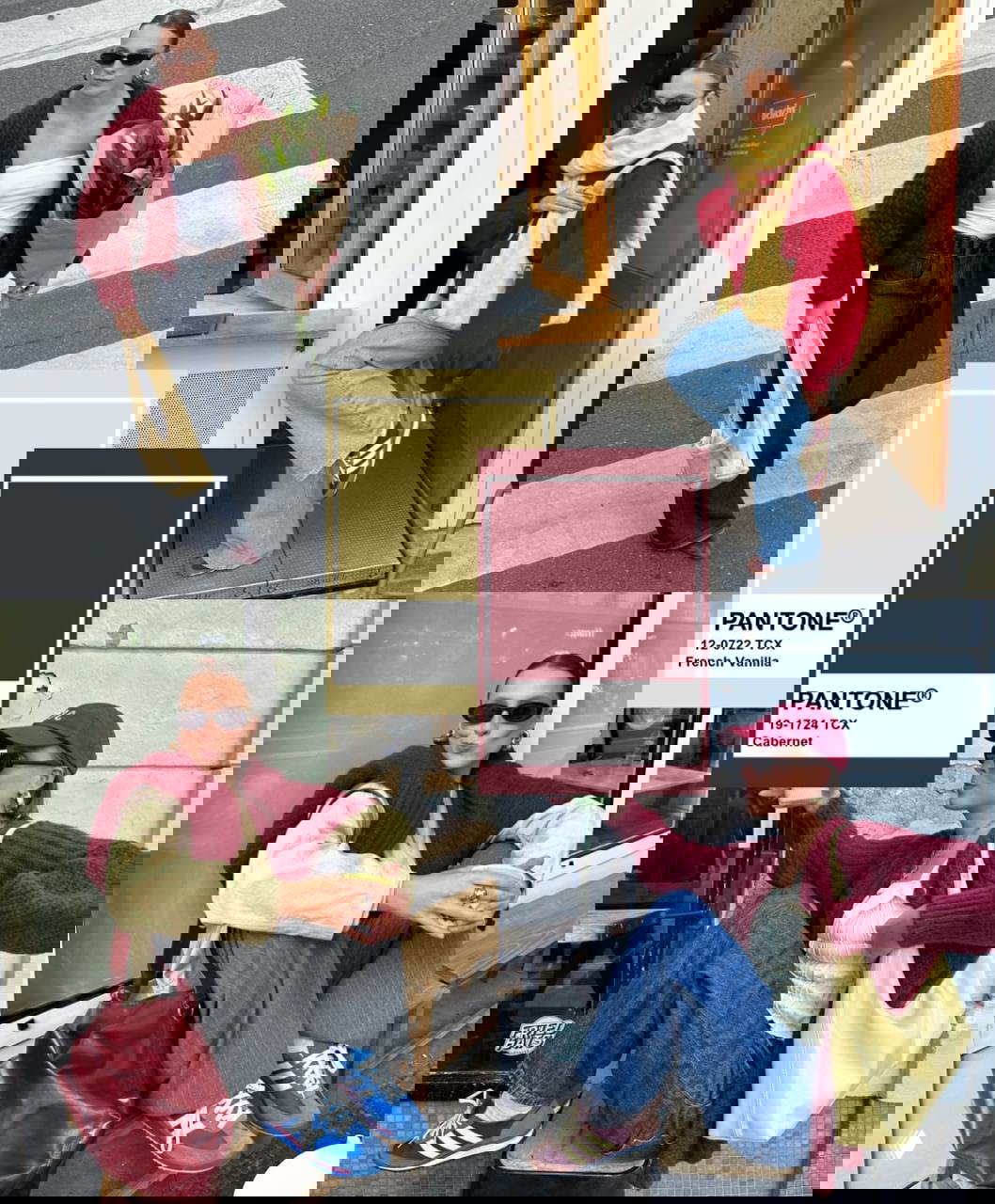 Коллаж: вишнёвые акценты в паре с кремовыми и бежевыми элементами, уличные образы и карточка Pantone Cabernet рядом с French Vanilla.