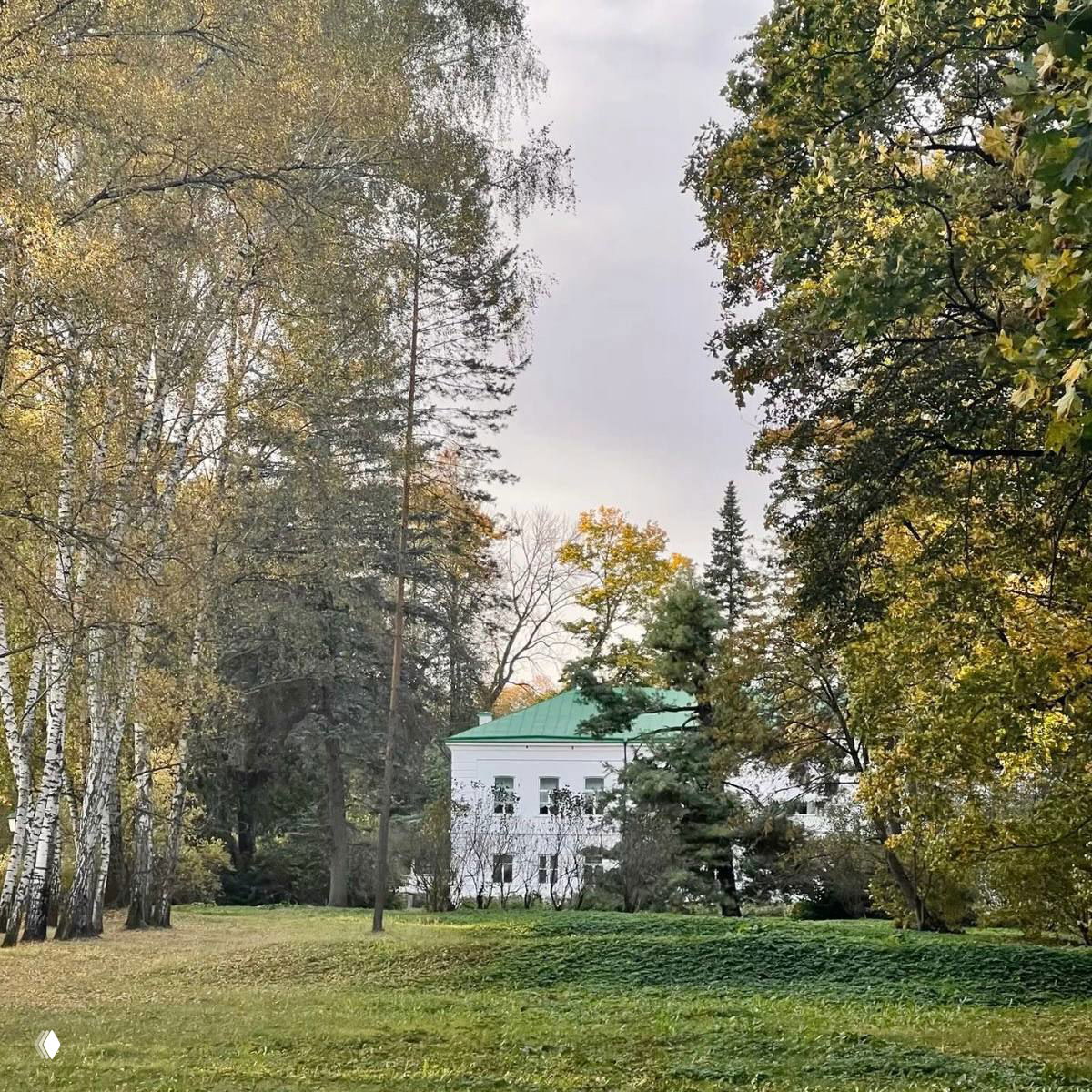 Усадебный дом среди берёз и осенних деревьев, зелёная крыша и пасторальная атмосфера, напоминая сельские пейзажи русской классики.