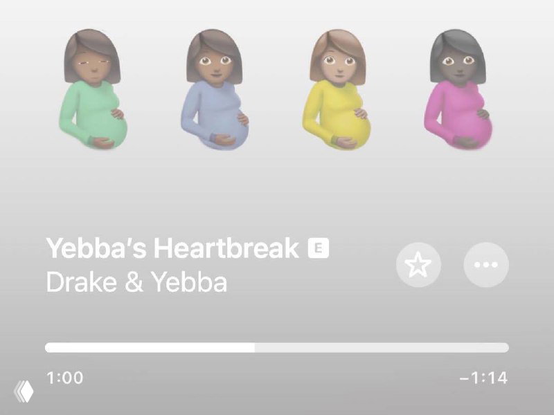Скриншот плеера с треком «Yebba's Heartbreak» (Drake & Yebba) и эмодзи беременных — иллюстрация саундтрека, виден прогресс-ползунок плеера.
