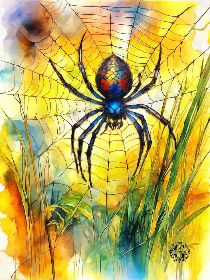 Акварельный паук с яркой цветовой гаммой на фоне желто-оранжевых и зелёных мазков, декоративная паутина и травы.