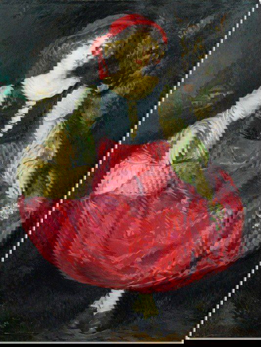 Портретная картина девушки в образе Красной Шапочки рядом с тёмной фигурой волка; акцент на контрасте невинности и угрозы в классическом стиле.