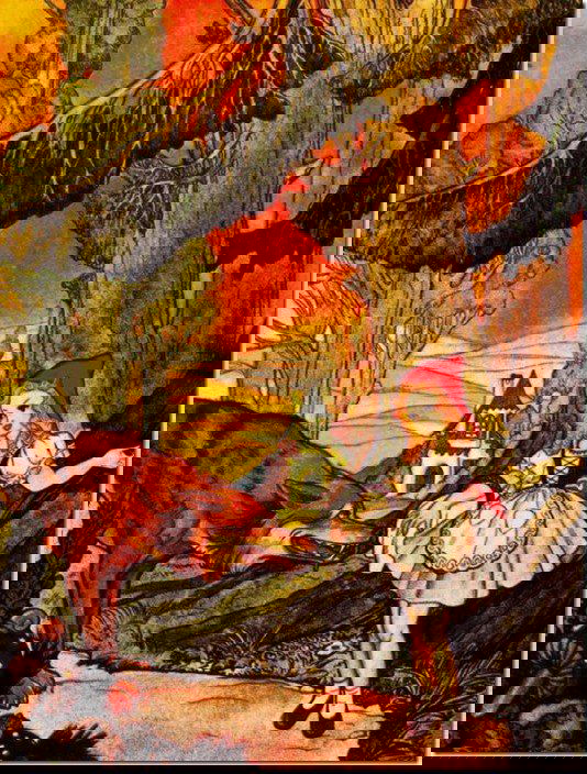 Яркая иллюстрация с рыжим волком и красной шапочкой на фоне лесной тропы и заходящего солнца, сказочная атмосфера и наглядная символика.