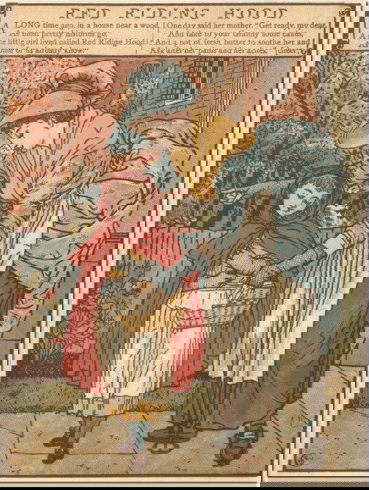 Старинная книжная гравюра Красной Шапочки и матери, изображающая сцену прощания; стилизованный сюжет в традиционной печатной манере.