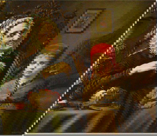 Интерьерная сцена с бабушкой и ребёнком, где ребёнок в красном колпачке сидит рядом за столом; тёплая бытовая картина эпохи.