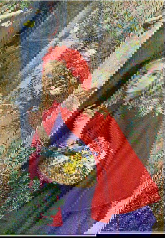 Девочка в ярком красном плаще с корзиной цветов на пороге дома, классический наивный живописный стиль и акцент на её выражении лица.