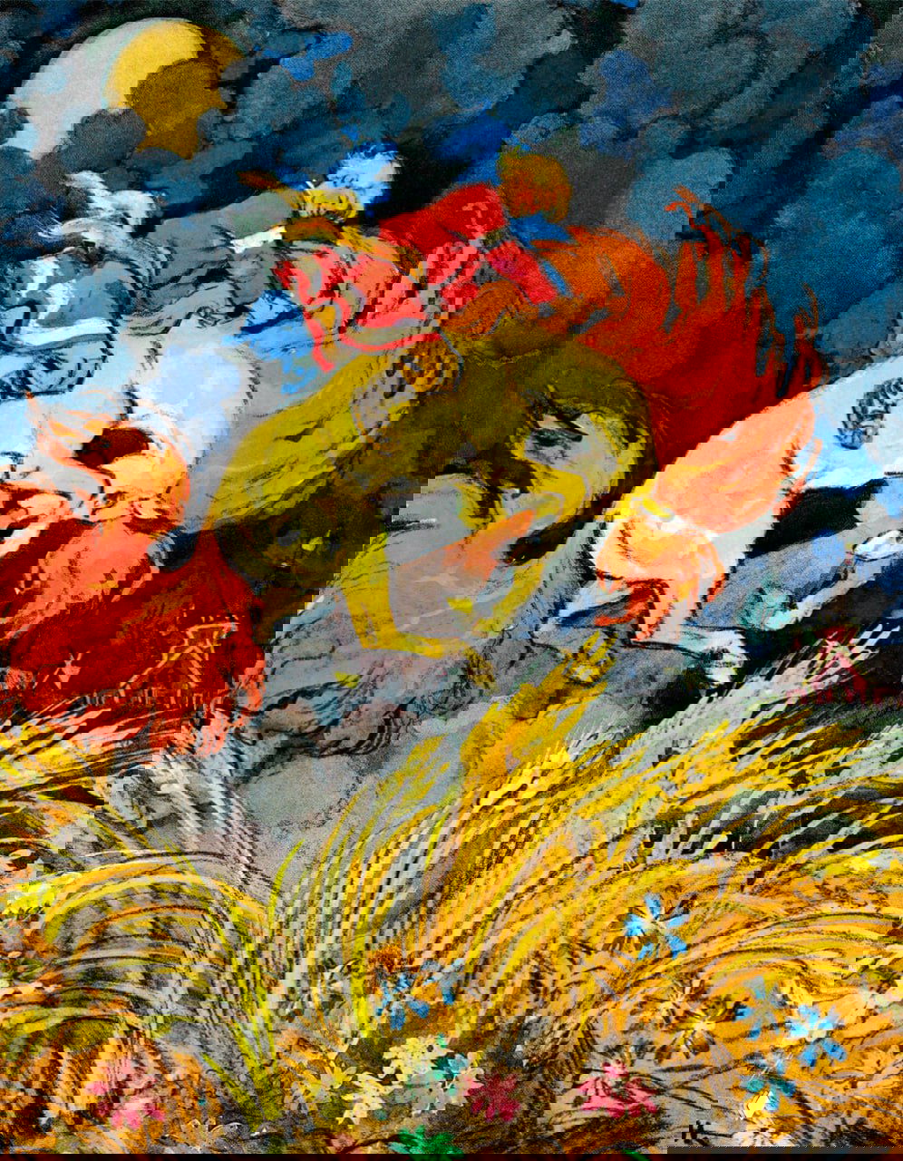 Иллюстрация: молодой всадник на пылающем коне, скачущем над жёлтыми стеблями травы; насыщенные цвета и контраст ночи и огня.