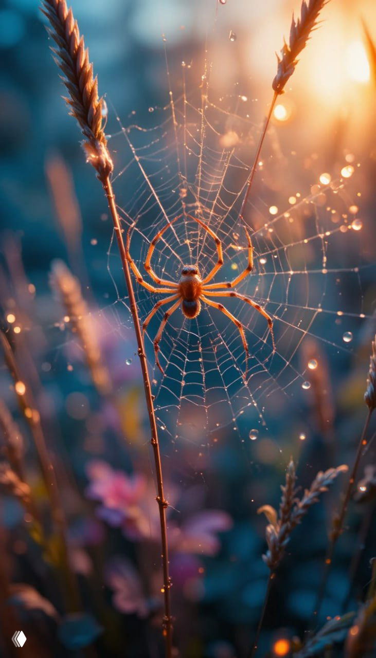 Паук в утренней паутине между колосьями, росинки на нитях блестят в тёплом рассветном свете, природная тихая сцена.