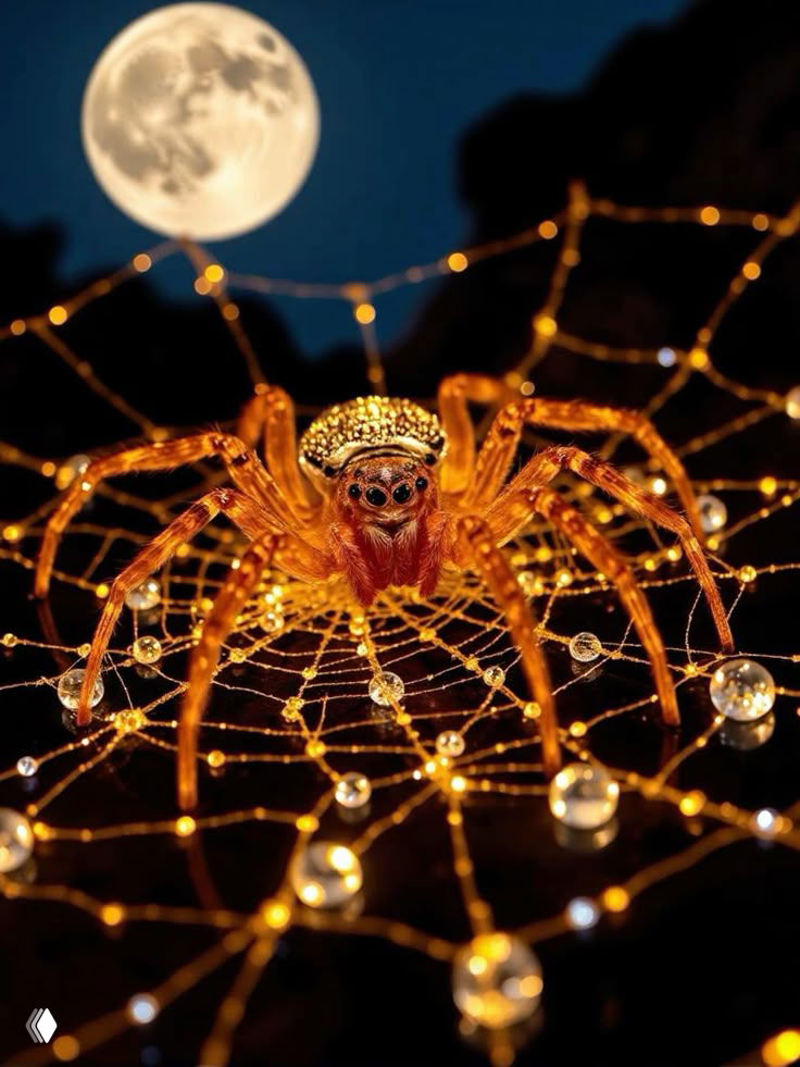 Светящийся золотистый паук на сложной паутине на фоне полной луны; декоративные капли и ночная мистическая атмосфера.
