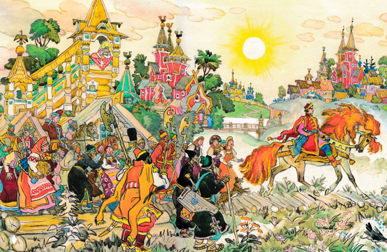 Широкая сценка деревенского праздника с процессией, пёстрыми домами и всадником на коне: детальная композиция, народные костюмы и солнечный пейзаж.