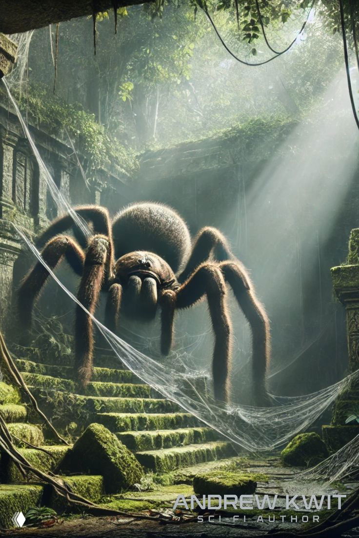 Большой тарантул в руинах среди мха и света лучей, паутина натянута между камнями — фантазийная, кинематографичная сцена.
