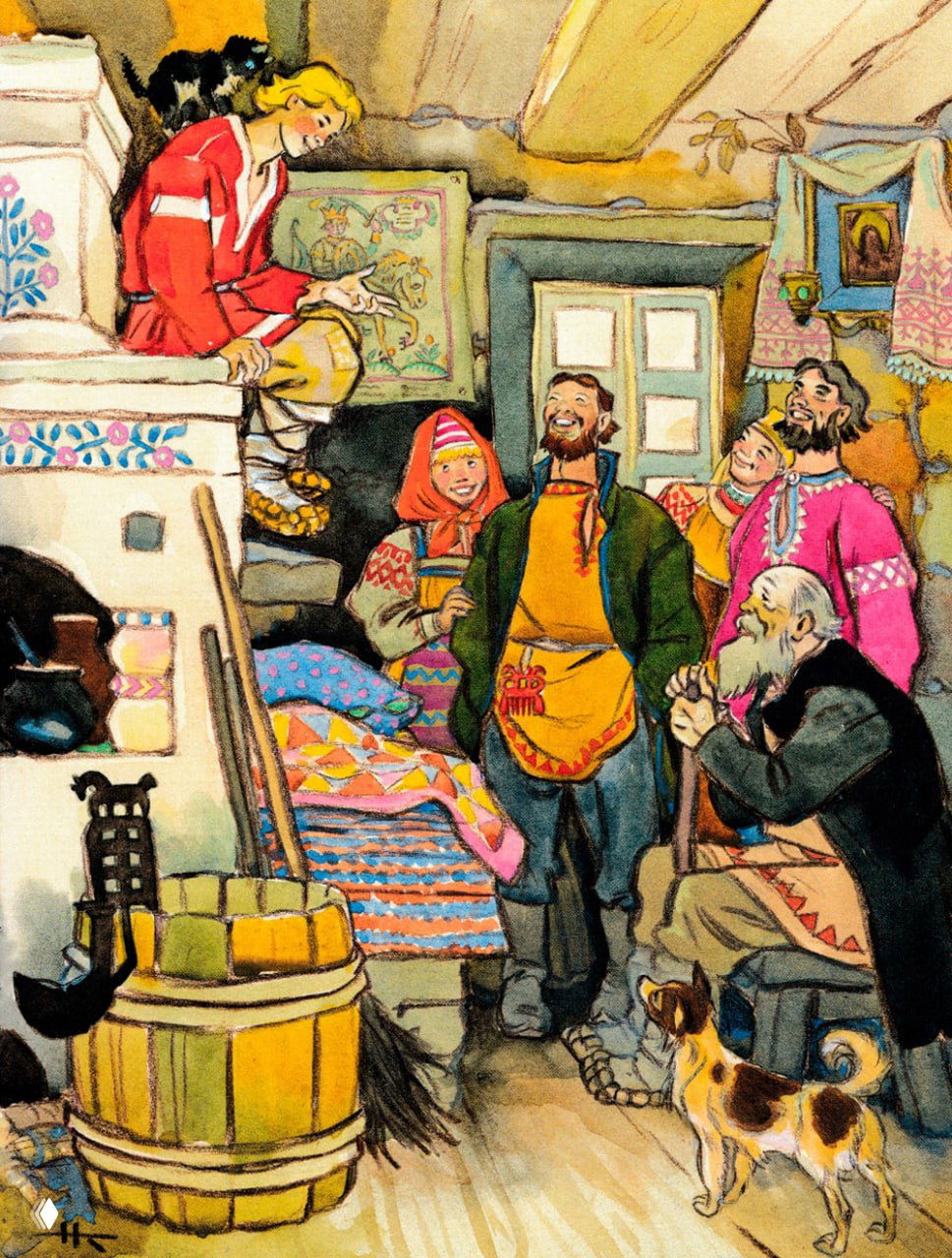 Интерьерная сцена: дом, печь, семья и молодой герой на печи; тёплые краски, народные костюмы и бытовая обстановка иллюстрации.