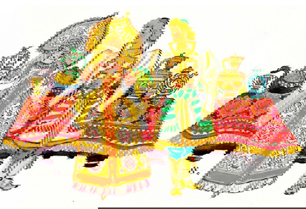 Иллюстрация сцены бракосочетания: пара в традиционных нарядах на фоне праздничного стола с ритуальными блюдами и орнаментальной подложкой.