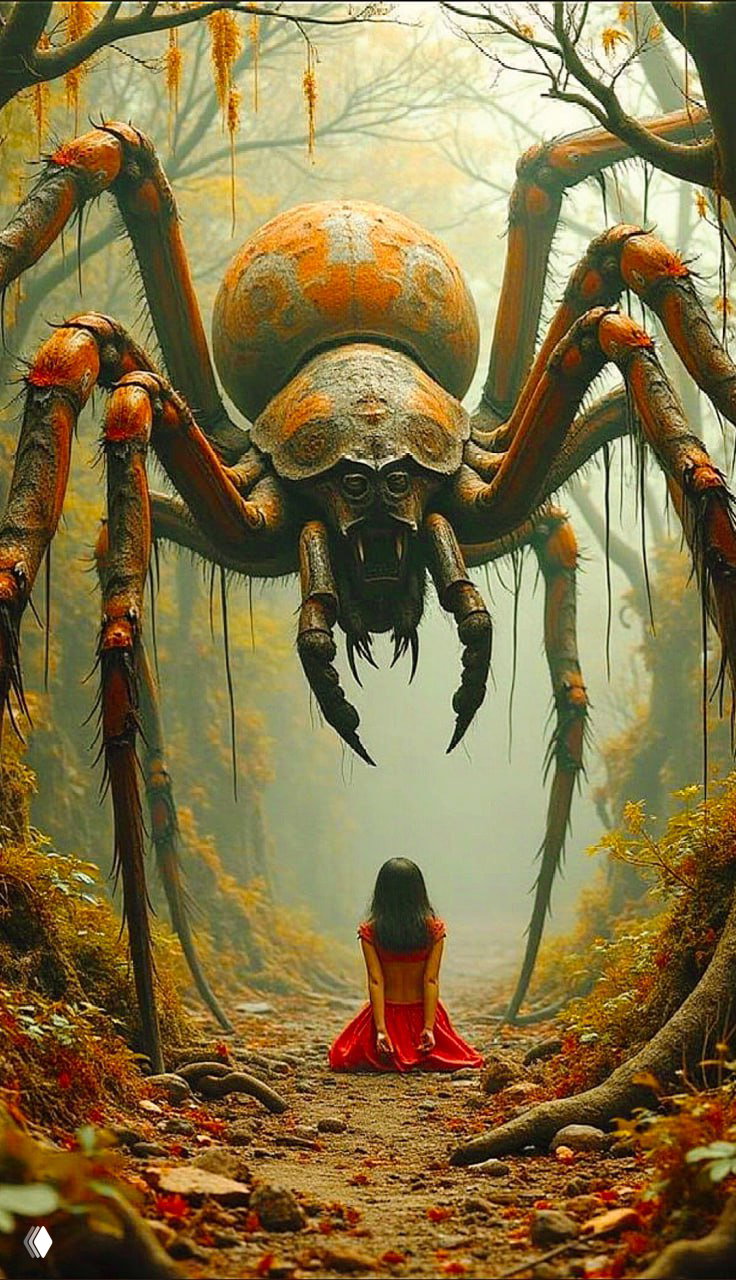 Огромный паук в лесу стоит перед маленькой сидящей фигурой, атмосфера сказочной угрозы, контраст размеров и осеннего леса.