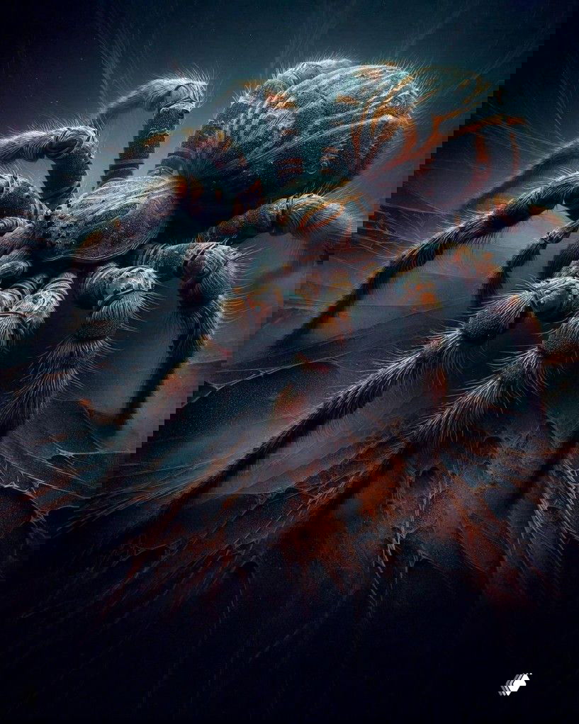 Тёмный крупный паук с текстурной окраской и узорами на панцире, натянутая паутина на мрачном фоне — атмосферный художественный портрет.