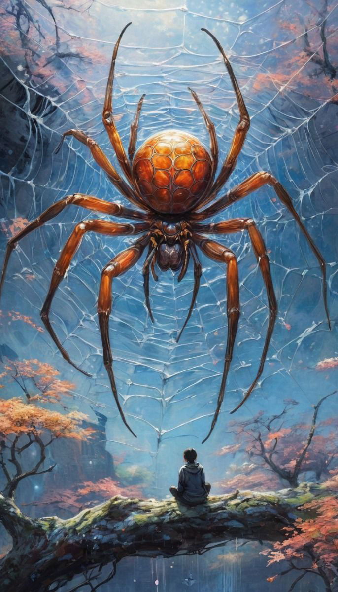 Паук, натянувший огромную симметричную паутину над долиной; человек сидит на ветке и наблюдает — эпическая иллюстрация и сказочный пейзаж.