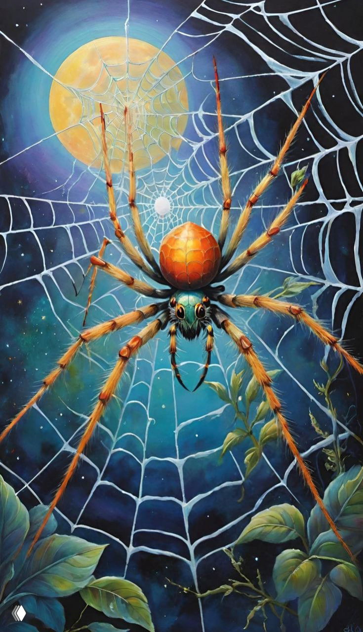 Яркий паук на фоне ночного неба и луны, паутина раскинулась вокруг — декоративный фантазийный рисунок с контрастной палитрой.