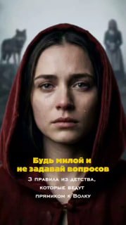 Крупный план женщины в красном капюшоне на фоне силуэтов волков; надпись «Будь милой и не задавай вопросов», метафора границ.