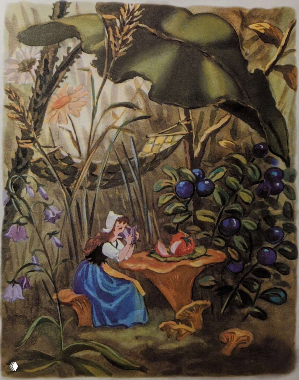 Иллюстрация: Дюймовочка за столиком в траве под большим листом, вокруг ягоды и грибы; ощущение уюта и уменьшенного мира, где всё кажется большим и важным.