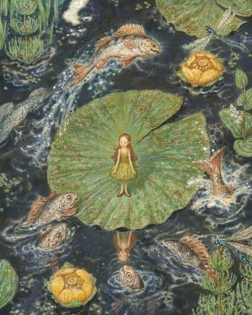 Иллюстрация: Дюймовочка на кувшинке посреди воды в окружении рыб и цветущих лотосов; композиция вызывает ассоциации с уединением и глубиной чувств.