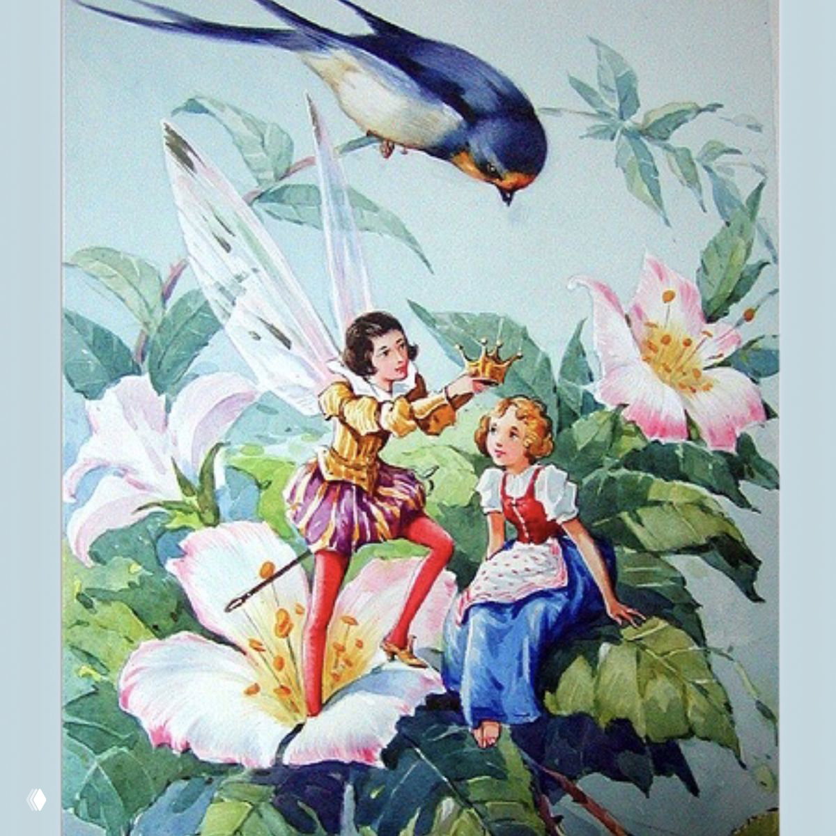 Иллюстрация: фея с короной и маленькие персонажи на цветах, вверху пролетающая ласточка; сцена передаёт волшебство и наделённость ролями в сказке.
