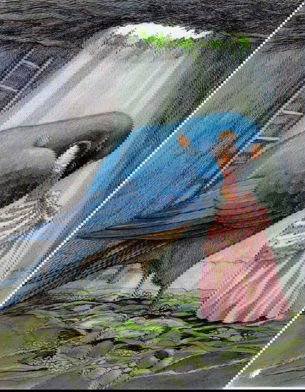 Иллюстрация: Дюймовочка обнимает большую птицу в пещере с падающим светом сверху; мотив защиты, преданности и неожиданной помощи от великого существа.