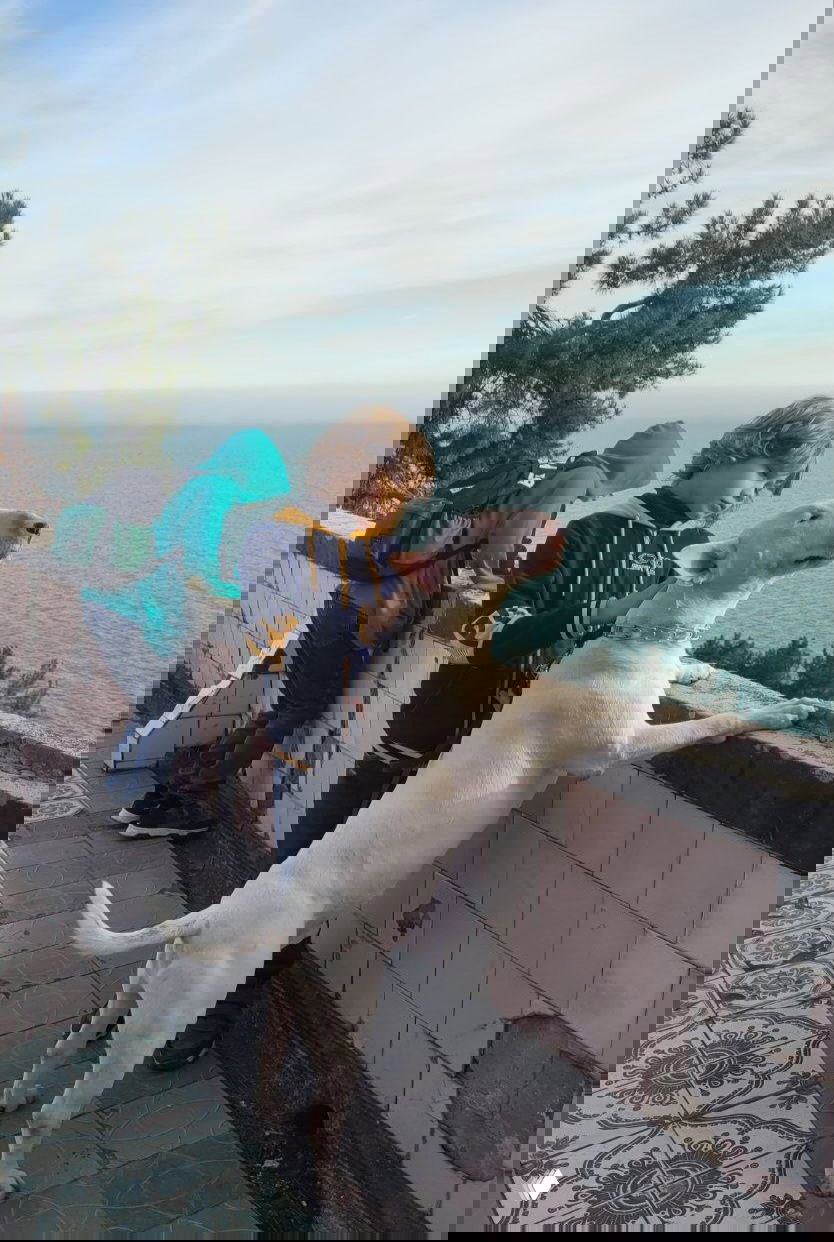 Мальчик гладит белого бультерьера на набережной, собака опирается на парапет и смотрит на море; морской горизонт и лёгкая прохлада.