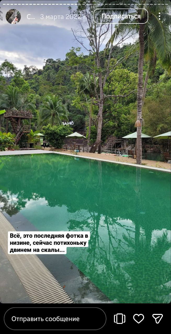 Бассейн резорта с насыщенно-зелёной водой на фоне пальм и холмов, вокруг шезлонги и зонты — спокойный кадр перед походом вверх по реке.