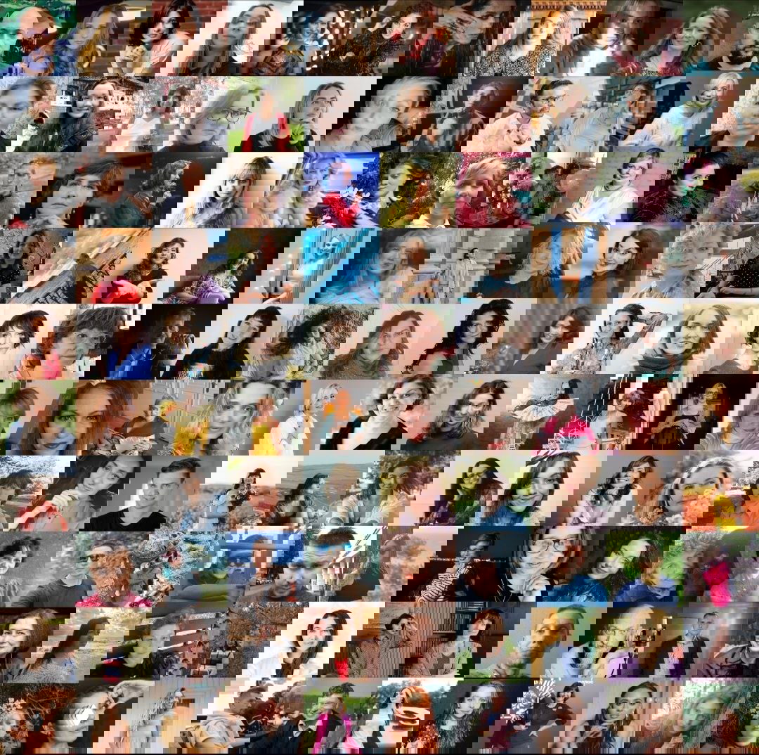 Коллаж-таблица с фотографиями участников сообщества Кетт: лица в разных позах и обстановках, визуализация социального капитала сообщества