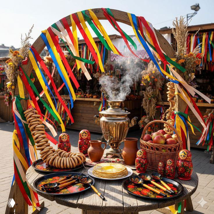 Праздничный стол на открытом воздухе с самоваром, баранками и традиционными русскими угощениями под цветными лентами, атмосферный пикник.
