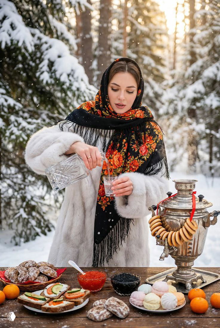 Женщина в платке и тёплой шубе наливает чай из самовара за столом на снегу: традиционная сервировка и зимняя природа вокруг.