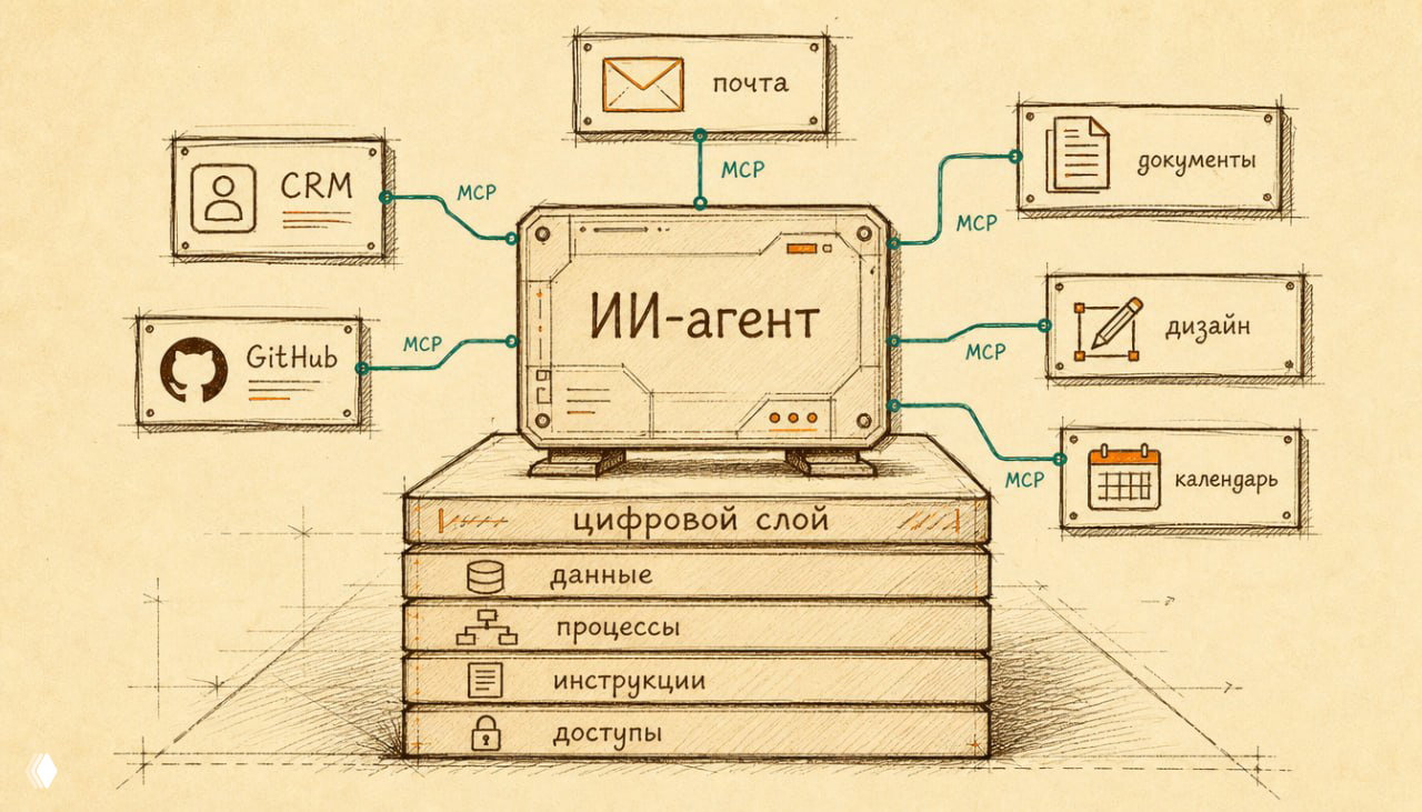 Схематическая иллюстрация: ИИ‑агент связан через MCP с Gmail, CRM, GitHub, офисными документами и сервисами поверх стопки «цифровой слой» с уровнями данные, процессы, инструкции, доступы.