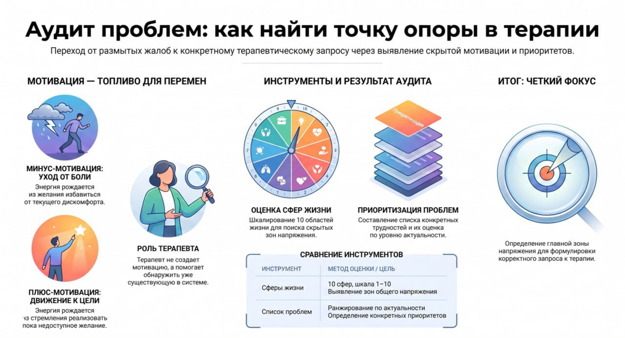 Инфографика аудита проблем в МПТ: шкала 10 сфер жизни, таблица формулировки проблем, приоритизация и итоговый фокус.