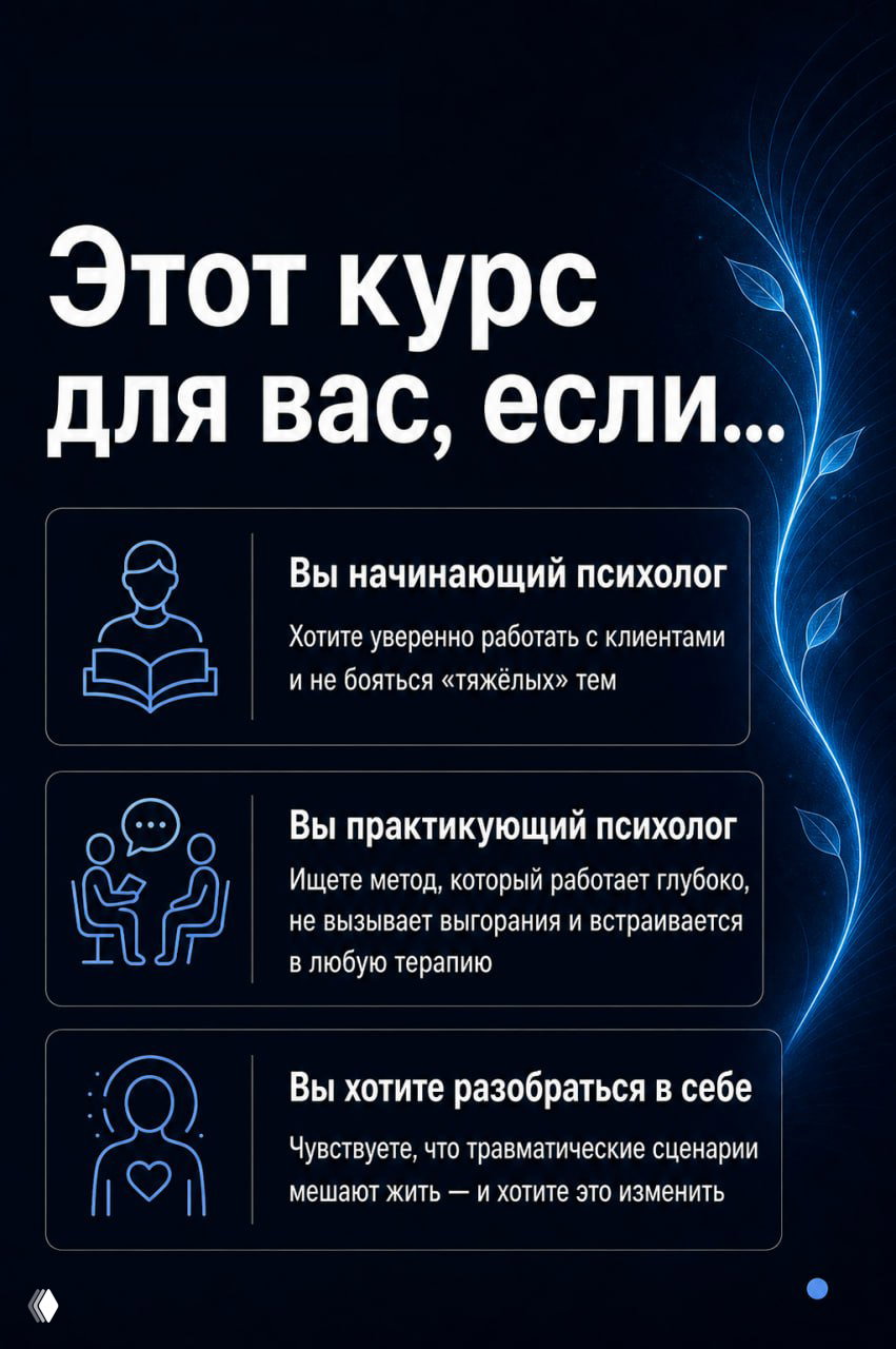 Слайд «Этот курс для вас, если...» с иконками и тремя целевыми группами: начинающий психолог, практикующий психолог и желающий разобраться в себе.