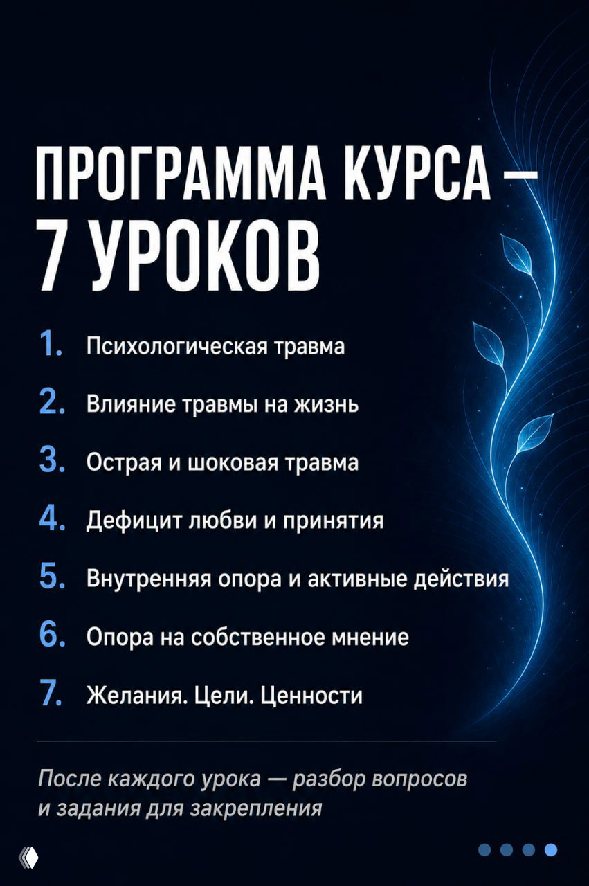 Слайд с программой курса — перечисление семи уроков: психологическая травма, влияние на жизнь, острая травма, дефицит любви, внутренняя опора, собственное мнение, желания и ценности.