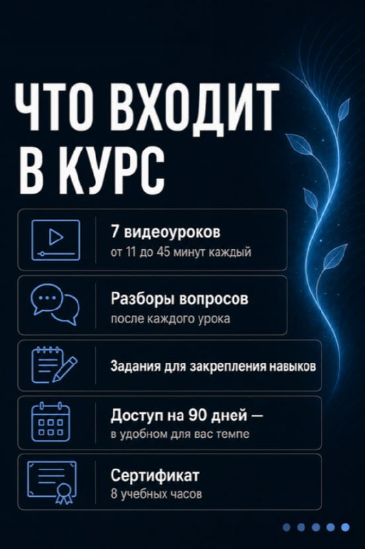 Слайд «Что входит в курс»: 7 видеоуроков 11–45 минут, разборы вопросов, задания для закрепления, доступ 90 дней и сертификат на 8 учебных часов.