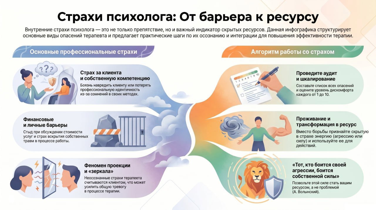 Инфографика о страхах психолога: профессиональные опасения, алгоритм работы со страхом и шаги по превращению в ресурс.