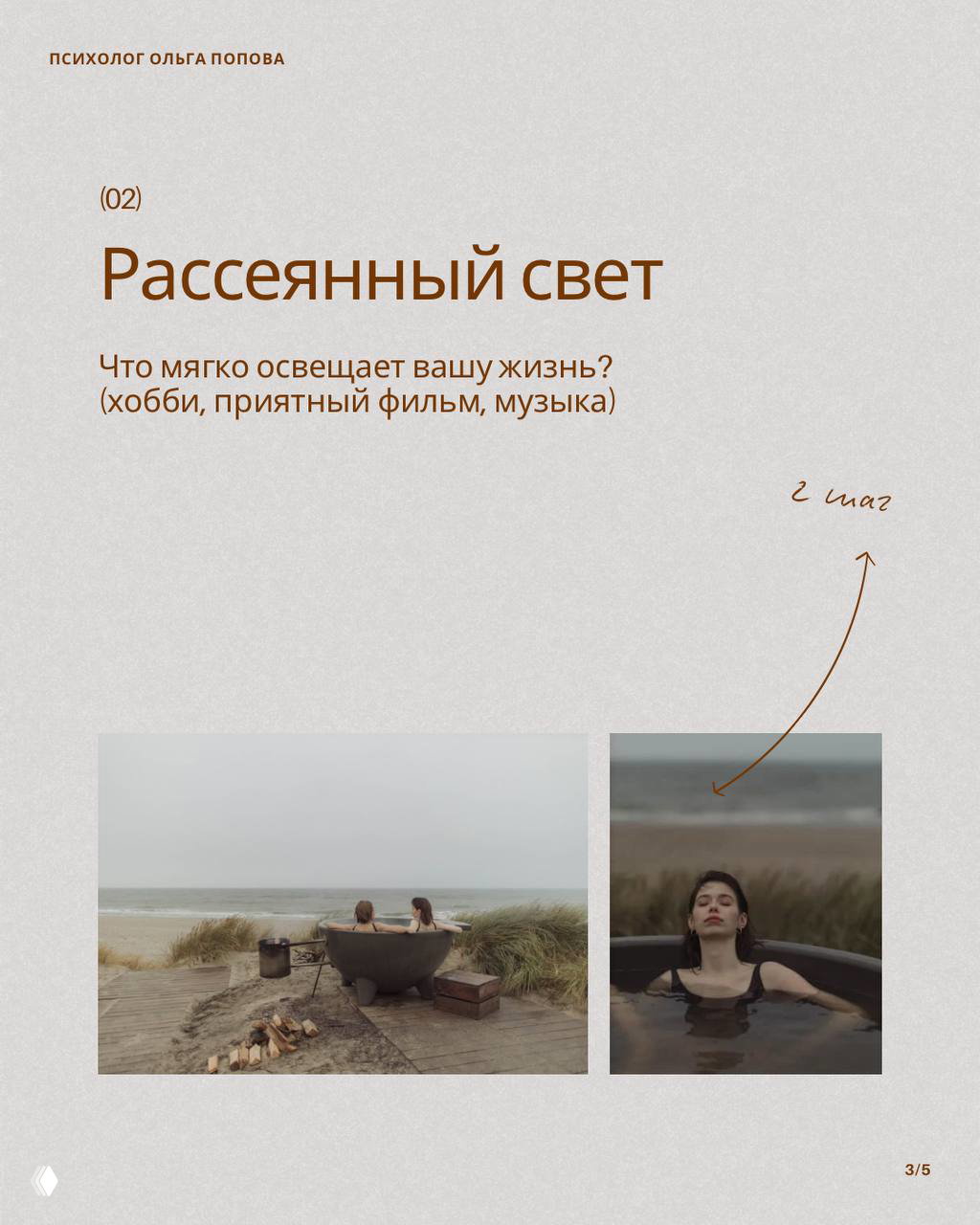 Слайд с заголовком «Рассеянный свет»: миниатюрные фотографии людей в открытой ванной у моря, тема хобби, фильмов и музыки как света в жизни.