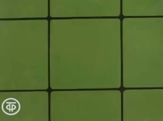 Превью-кадр из советского мультфильма «Зайца не видали?» — зелёные квадратные плитки на фоне и маленький логотип киностудии в углу.