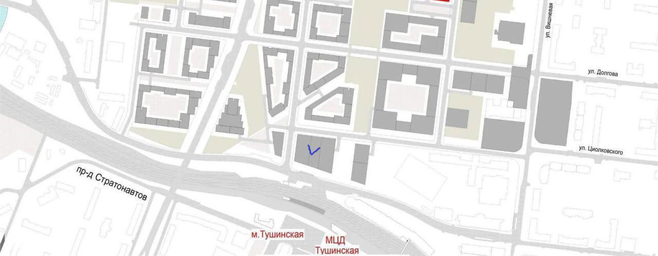 Схема расположения проекта рядом со станцией метро «Тушинская» и МЦД: фрагмент генплана с ближайшими улицами и транспортной привязкой.
