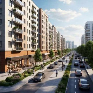Визуализация современного жилого квартала с многоэтажными домами, тротуаром, деревьями и автомобилями на проезжей части в дневное время.