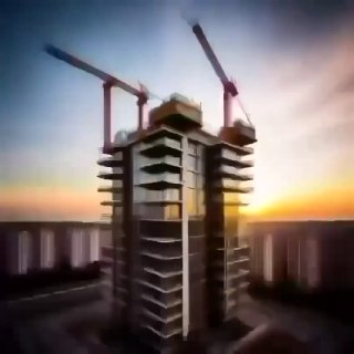 Изображение строящегося высотного жилого дома с двумя башенными кранами на крыше на фоне закатного неба — иллюстрация строительного проекта и динамики рынка.
