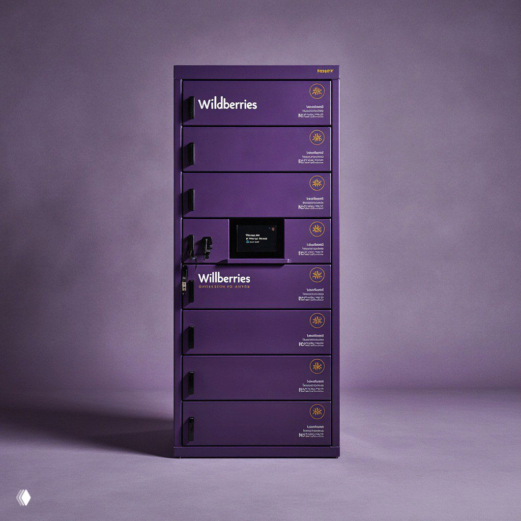 Студийная фотография вертикального фиолетового постамата Wildberries с сенсорным экраном и несколькими ячейками на нейтральном фоне