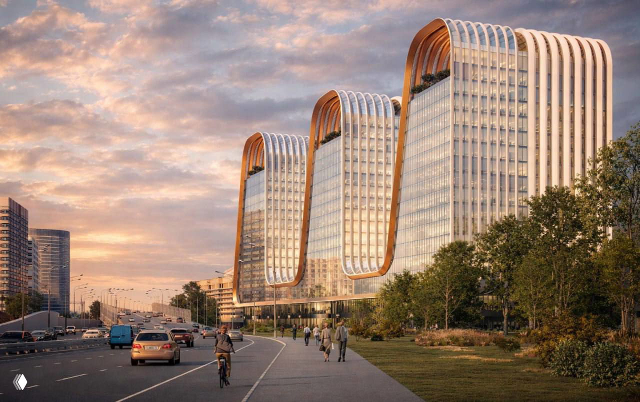 Рендер концепции UNK: три объединённых офисных объёма под волнообразной крышей, прогулочная зона и автомобильная магистраль на переднем плане.