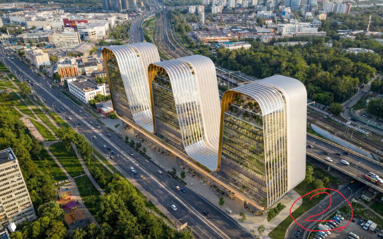 План сверху на концепцию UNK: три «волнообразные» башни на общем стилобате вдоль проспекта, видны парковки и зелёные массивы вокруг участка.