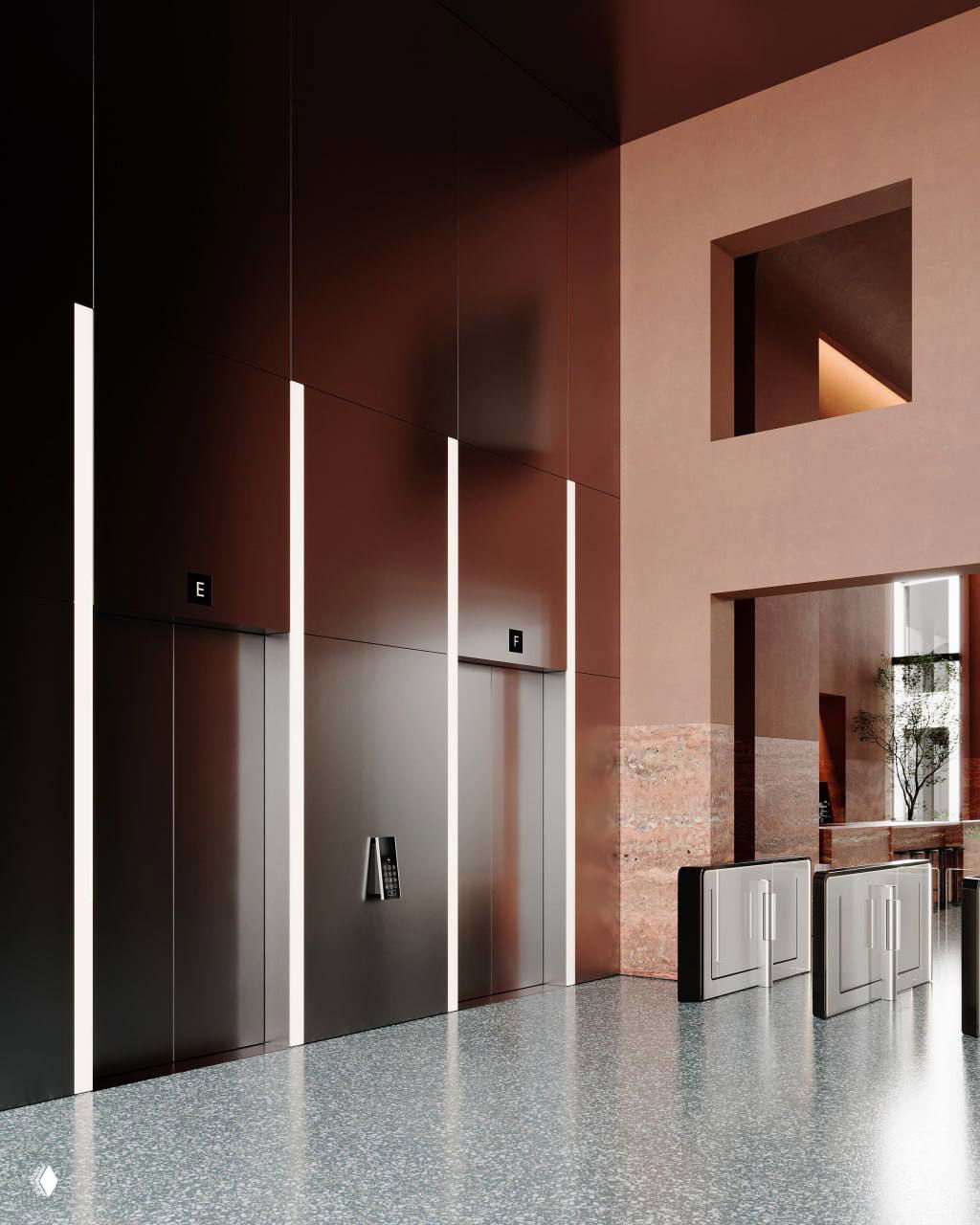 Рендер внутреннего холла с лифтовыми порталами и турникетами: тёплая цветовая палитра, минималистичный дизайн и входная зона делового центра.