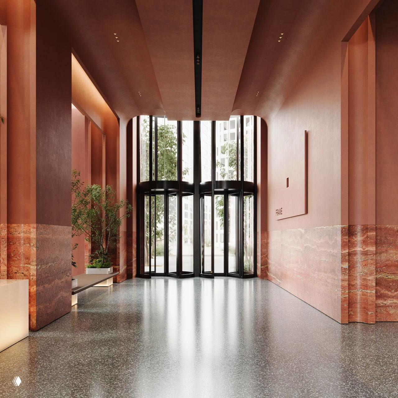 Визуализация вестибюля с вращающейся дверью: высокий потолок, отделка камнем и большая световая группа у входной группы офисного здания.