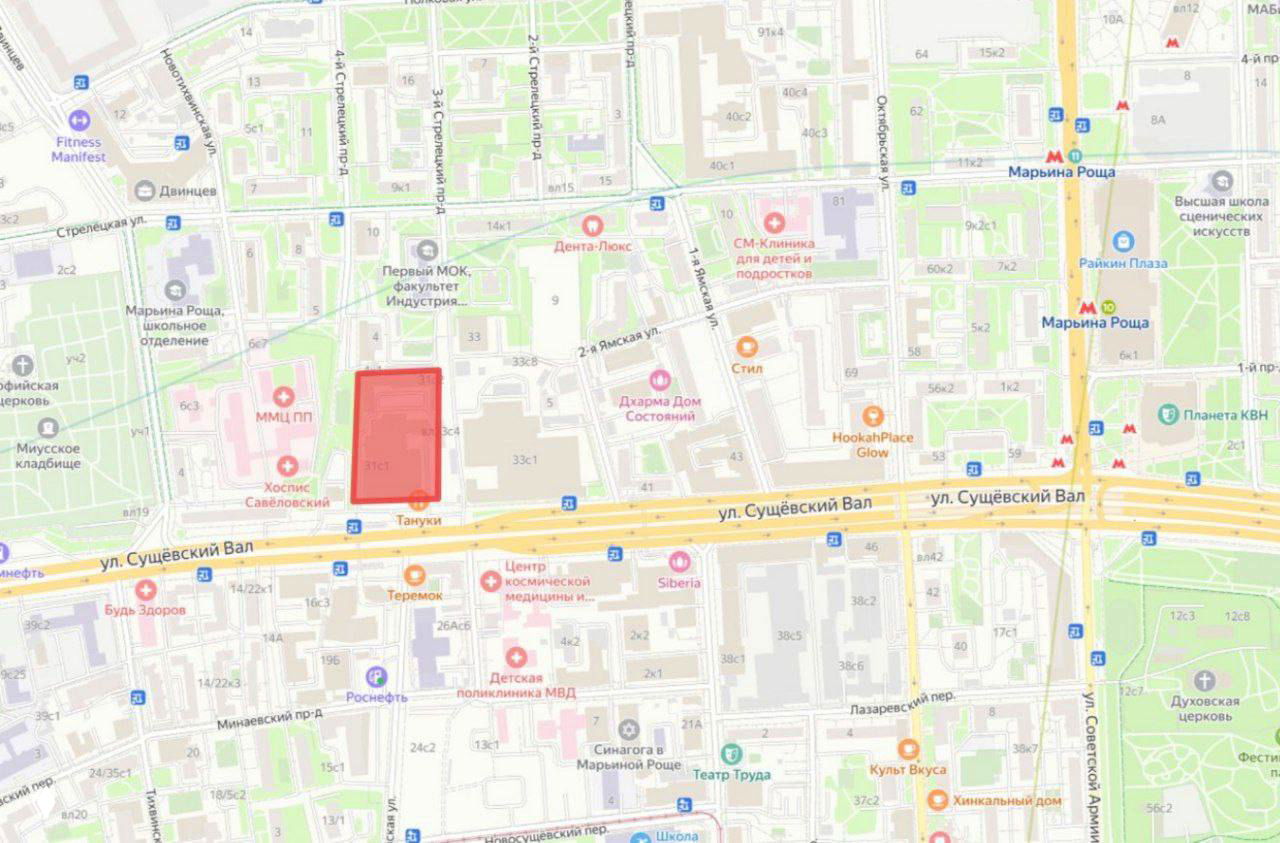План участка на карте с выделением красным: показан участок вл. 31 на ул. Сущёвский Вал и прилегающие улицы с ориентирами метро.